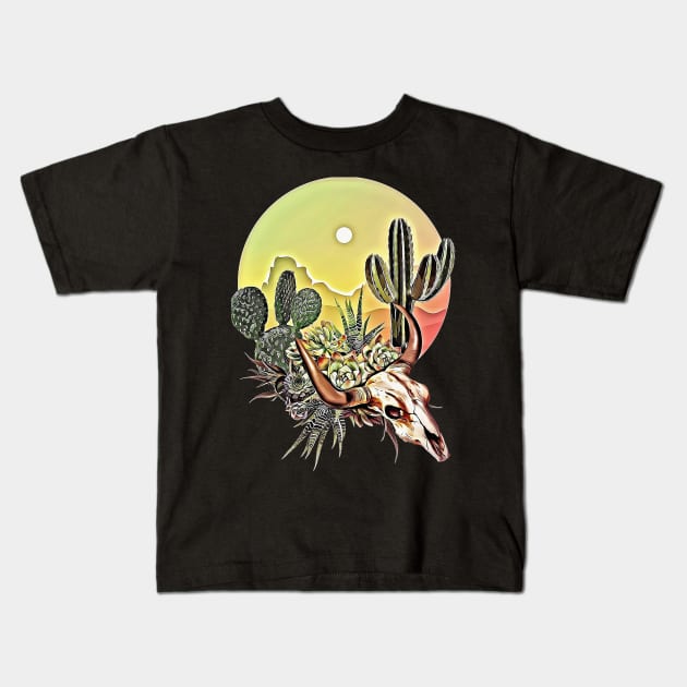 Desert cactus, cow Skull and succulents plant, rural,cowboy,wild,rustic,desert Kids T-Shirt by Collagedream